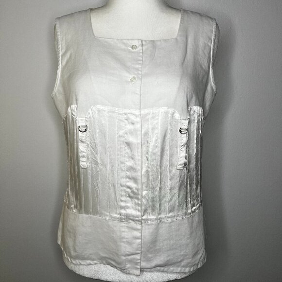 J.M.P. Tops - J.M.P. Women's Linen Top Large Sleeveless White Satin Detail Sheer Beachy Resort